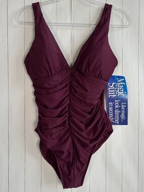 MagicSuit size 16 one piece swimsuit burgundy ruched v-neck push up pads NEW